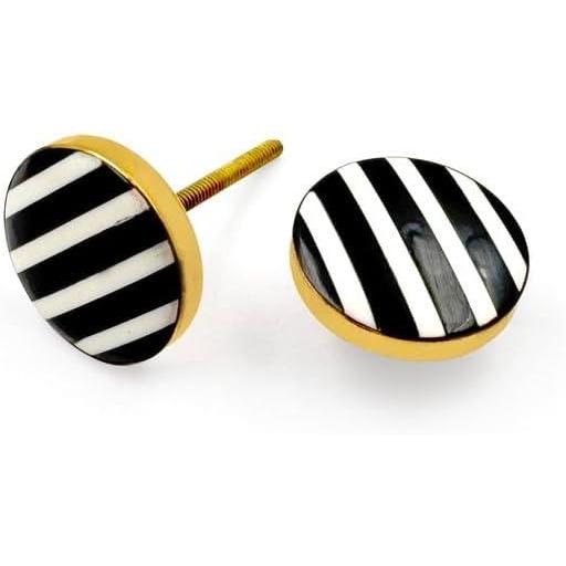 Round Brass & Resin Knob | Ceramic Finish with Black and White Striped Design | Decorative Cabinet & Drawer Pull Handle | 41x41 mm Face | 61 mm Length | 9 mm Height
