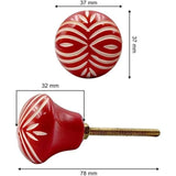Round Red Resin Knob with White Handcrafted Pattern | Ceramic Finish Cabinet Drawer Pull Handle | Decorative Knob for Dresser | 37x37 mm Face | 32 mm Depth | 78 mm Screw Length