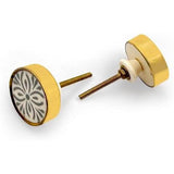 Round Resin & Brass Knob with Ceramic Finish | White Grey Handcrafted Pattern with Gold Edge | Decorative Cabinet & Drawer Pull | 41x41 mm Face | 25 mm Depth | 78 mm Screw