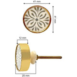 Round Resin & Brass Knob with Ceramic Finish | White Grey Handcrafted Pattern with Gold Edge | Decorative Cabinet & Drawer Pull | 41x41 mm Face | 25 mm Depth | 78 mm Screw