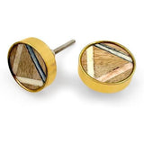 Round Wood, Bone & Brass Knob | Ceramic Finish with Rim & Geometric Inlay | Decorative Cabinet & Drawer Pull Handle | 41x41 mm Face | 25 mm Depth | 12 mm Height