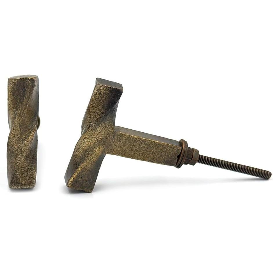 Twisted T-Bar Cabinet Knob | Antique Brass Drawer Handle Pull | Vintage Textured Furniture Knob for Kitchen Wardrobe Cupboard | 46x18 mm Modern Minimalist Brass Hardware