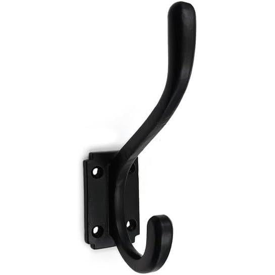 Wall Mounted Cast Iron Double Coat Hook | Black Powder Coated Hook | 150 mm Height × 95 mm Upper Hook × 70 mm Depth × 37.5 mm Base Width × 62 mm Base Height | Hanger for Coats